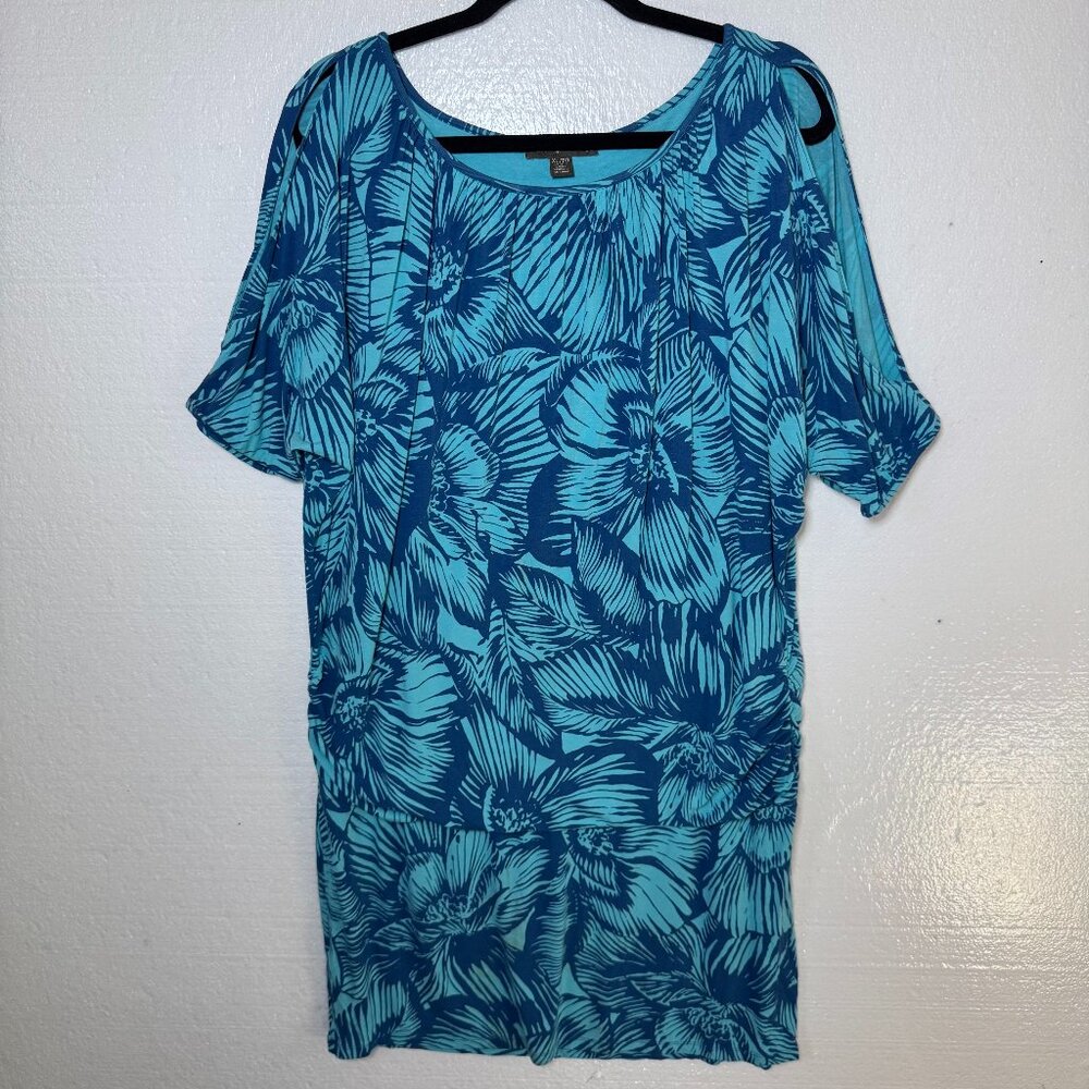 Tommy Bahama Womens Size XL Blue Palm Floral Tropical Cold Shoulder Fiore Dress